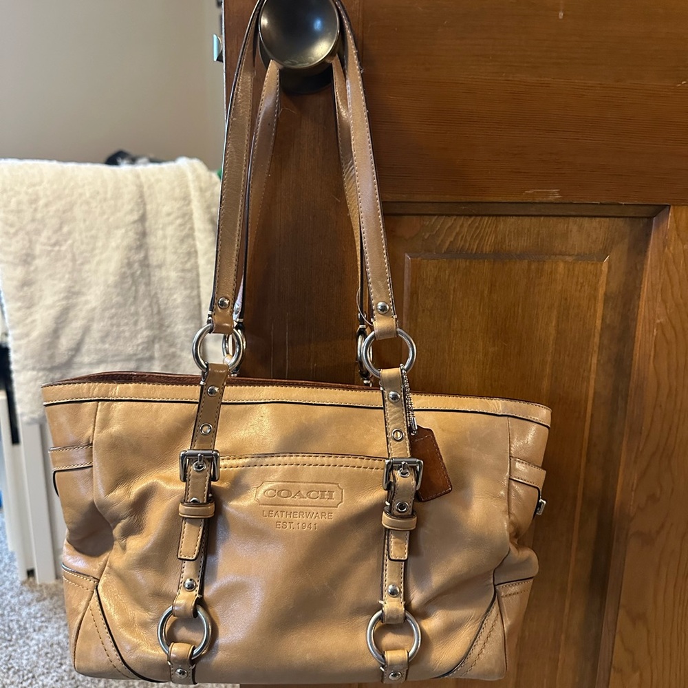 Coach Beige Leather Shoulder Bag with Silver Accents